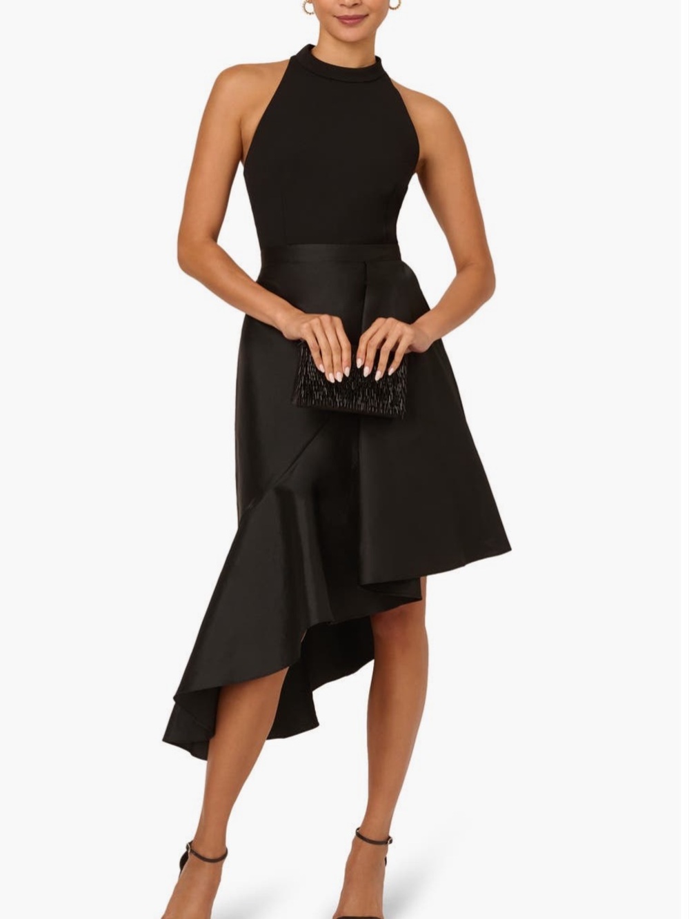 Adrianna Papell Black Crepe Taffeta Asymmetrical High Low Cocktail Dress Size 14